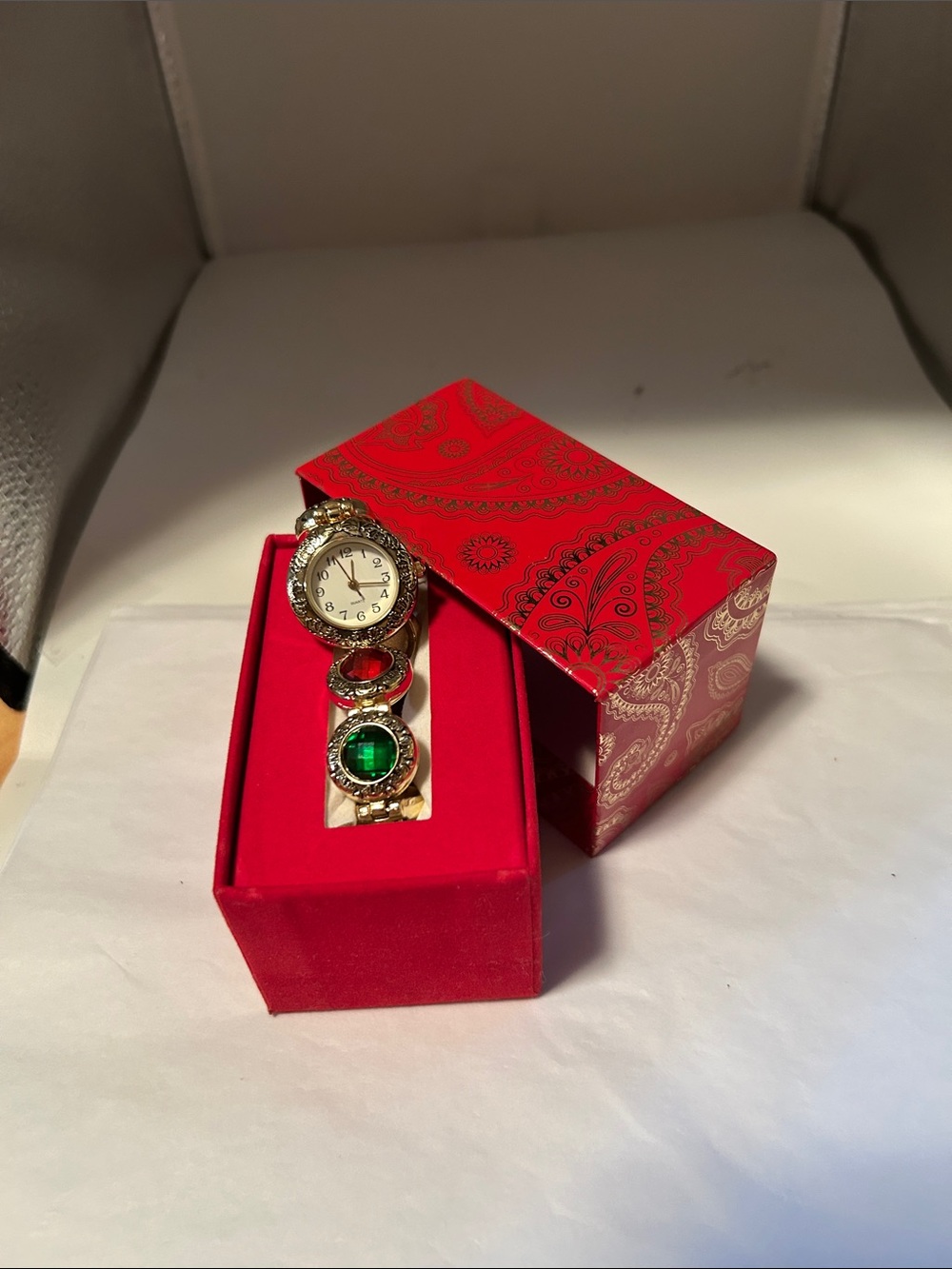 Macy’s Hoilday Lane jewel link watch bracelet ruby emerald gold tone retro